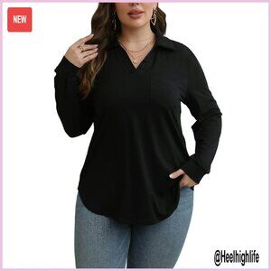 Plus Size Long Sleeve V-Neck Collared Blouse Loose Tunic Business Casual